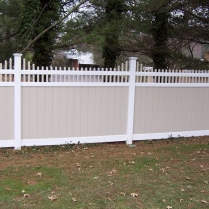 White-and-Tan-Tongue-and-Groove-Fencing-with-Spindle-Dip-Lattice